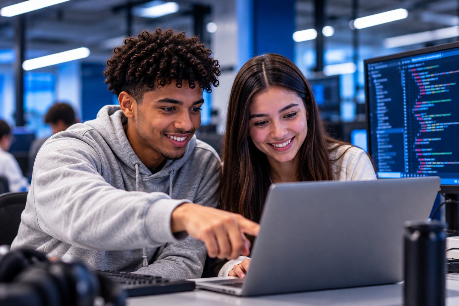 Pessoas colaboram no desenvolvimento de um projeto em laboratório de tecnologia