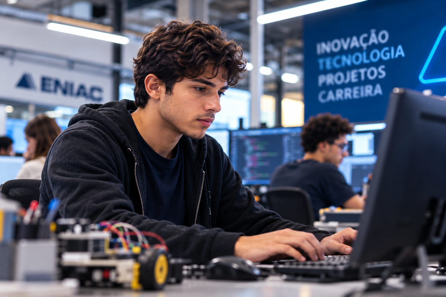 Jovem trabalha em projeto de tecnologia em laboratório