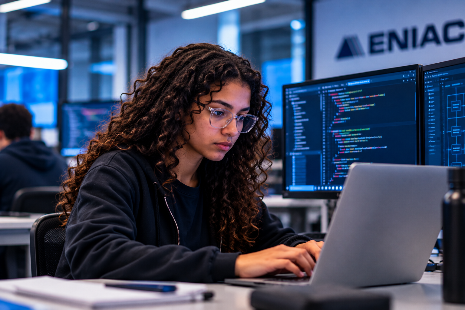 Programadora desenvolve soluções digitais em um laboratório de tecnologia